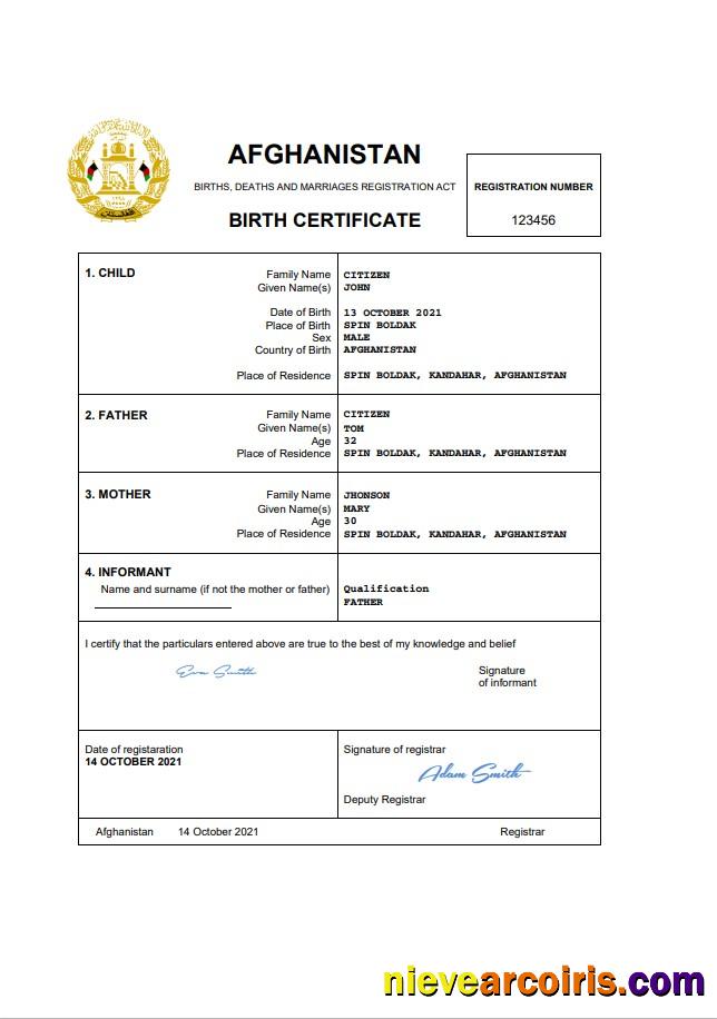 Afghanistan vital record birth certificate